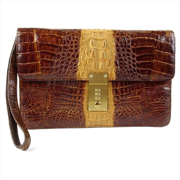 カイマンレザー セカンドバッグ 茶 ブラウン メンズ クラッチバッグ 鍵付 ツヤ ワニ革 カイマンクロコダイル Wカラー 本革
