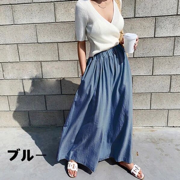 リネン風スカートパンツ ベージュ ワイドパンツ ガウチョパンツ スカーチョ