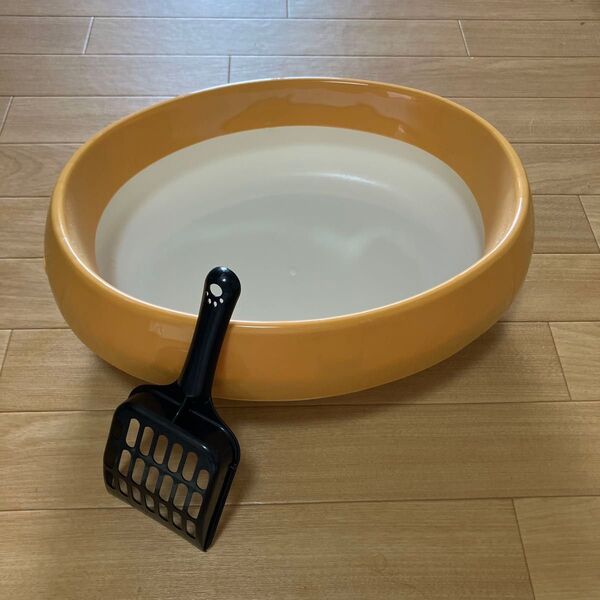 猫用トイレ 楕円形 オレンジ色 スコップ付き