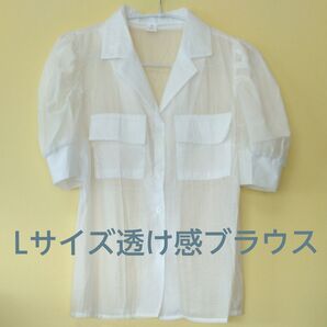 【新品】Lサイズ オープンカラー ブラウス オフホワイト 透け感 春夏 パフスリーブ 白 オシャレ 胸ポケット 上品 上質