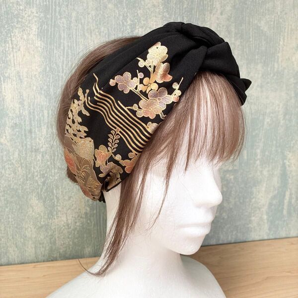 No.109 和風編み込みターバン 着物リメイク ヘアバンド クロスターバン ブラック(金彩)