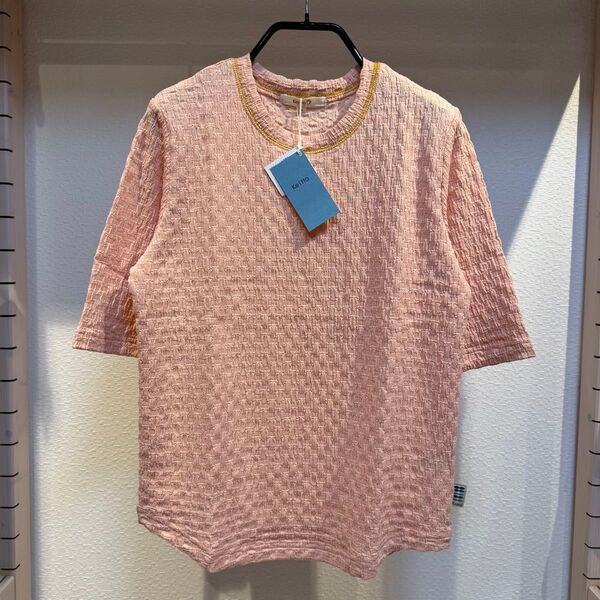 M 新品 Keitto ケイット シャーリングブロック柄カットプルオーバー Tシャツ 重ね着にもOK サーモンピンク