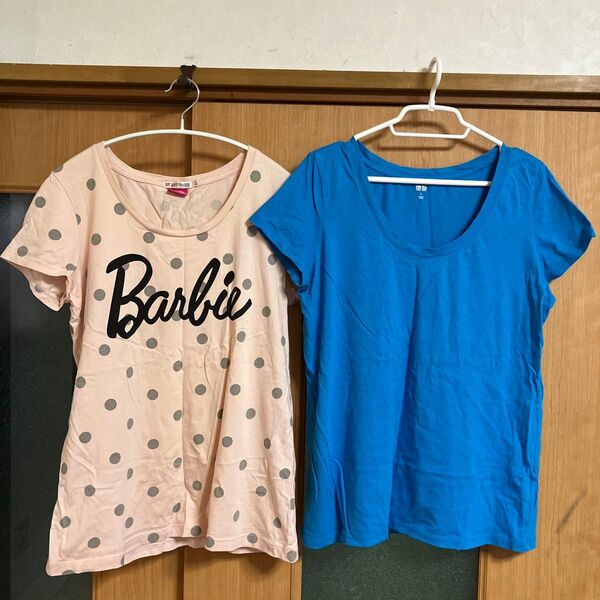 【2枚セット】 Tシャツ Lサイズ ユニクロ Barbie 薄ピンク 水玉 ドット バービー ターコイズブルー 家着 ルームウェア