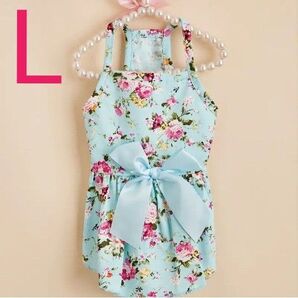 猫服 犬服 ペット服 キャミワンピース ローズ柄 ブルー L キャットドレス ドッグドレス リボン 上品 可愛い おしゃれ