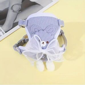 犬用 猫用 ペット用ハーネス うさみみ リボン ライトブルー Mサイズ リード付き
