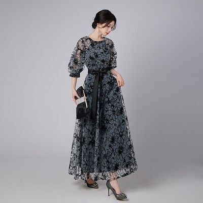 パーティードレス結婚式ワンピースドレスシースルー パーティー花柄黒フォーマル大人 ロング 新入荷~ 着痩せ ブラック
