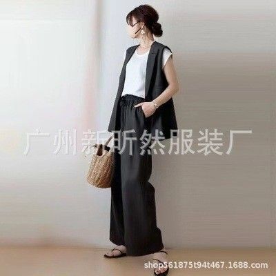 パンツスーツ セットアップ ノースリーブジャケットロングジレブラック大人きれいめ ブラック
