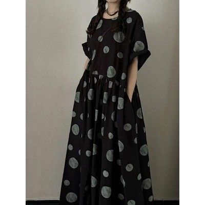 水玉麻ワンピースワンピラウンドネック半袖黒体型カバーウエストゴムギャザースカートお洒落涼しい大人 ブラック ふんわりワンピース