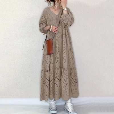 ロングワンピースコットン長袖大きいサイズきれいめロングワンピゆったり体型カバー ワンピース Aライン 体型カバー ベージュ