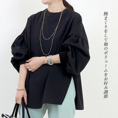 ブラウス2WAY長袖シャツ黒袖ゴム大きいサイズゆったりブラック上品体型カバー FREE ブラック ゆったり antiqua