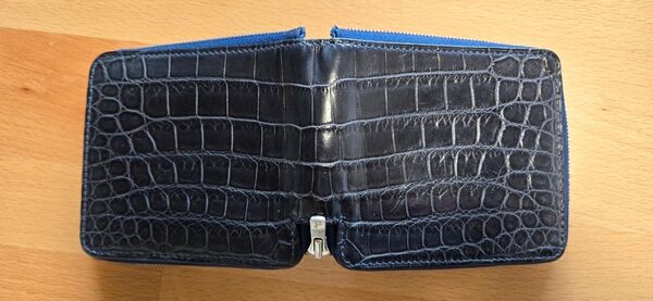 大幅値下げ 格安 希少 ポロサス 良品 万双 ネイビー クロコダイル ラウンド二つ折り財布 本革