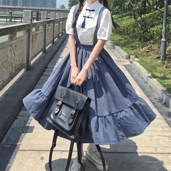 上下セット ロリータ 女学生風 フリルスカート ロングスカート サスペンダー 青