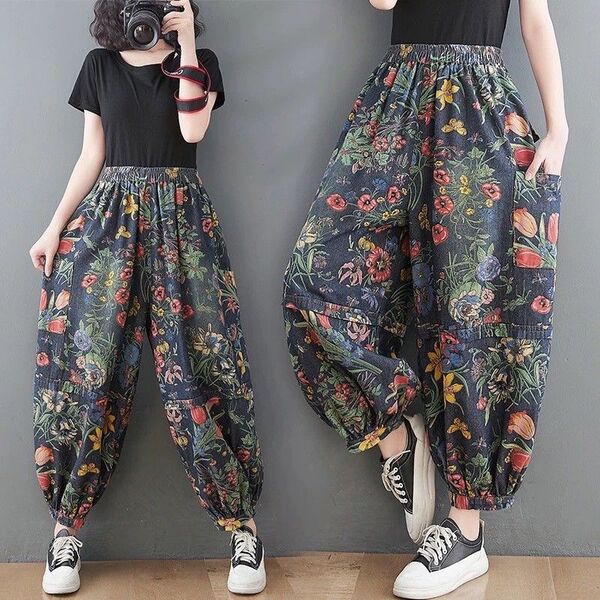 花柄 総柄 デニムパンツ サルエル 体型カバー ゆるだぼ ウエストゴム レトロ