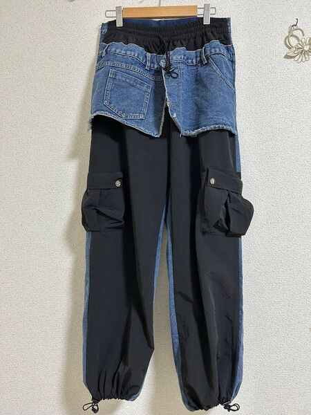 デニムタフタ 異素材 切替 カーゴパンツブラック パンツ ズボン ウエストゴム