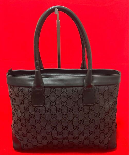 美品.本物】 GUCCI グッチ トート バッグ カバン 革×キャンバス A4 大容量 男女兼用 黒 ブラック