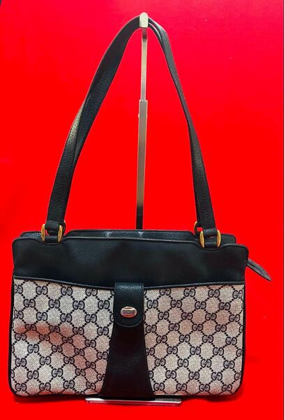 美品.正規】 GUCCI グッチ オールド ヴィンテージ 本革 PVC ショルダーバッグ カバン トート 紺 ネイビー