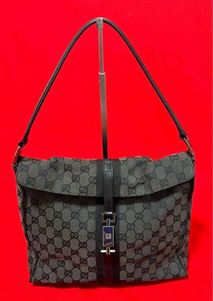 美品.正規】 GUCCI グッチ ジャッキー 本革×キャンバス カバン バッグ トート A4 大容量 黒 ブラック