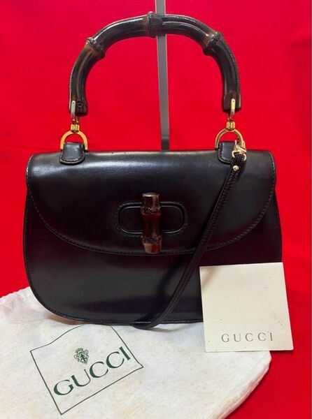 希少カラー.定価81万.本物】 GUCCI グッチ バンブー×本革 ターンロック カバン バッグ 黒 ブラック