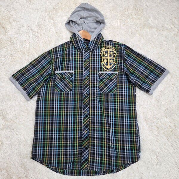 チェック 半袖 シャツ FUBU フブ パーカーシャツ メンズ 綿100% 前開き