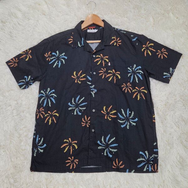 Hush Puppies ハッシュパピー 半袖 シャツ 綿100% Lサイズ メンズ ブラック 花火柄 夏 前開き