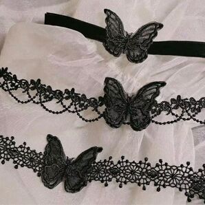 チョウチョウが特徴的なブラックレースのチョーカー3点セットネックレス