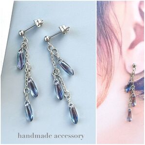 NO.363再販人気*3連デニムブルーチェコダガーピアス/イヤリング/ノンホール/ハンドメイド/サージカルステンレス☆金具変更無料