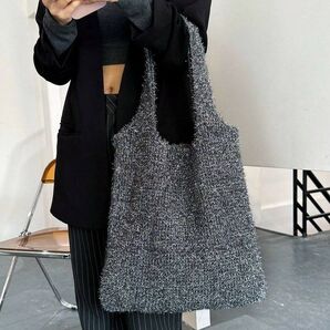 軽量 グリッターディテール かぎ編みバッグ トート 可愛い オシャレ レディース トートバッグ キラキラ グレー573145