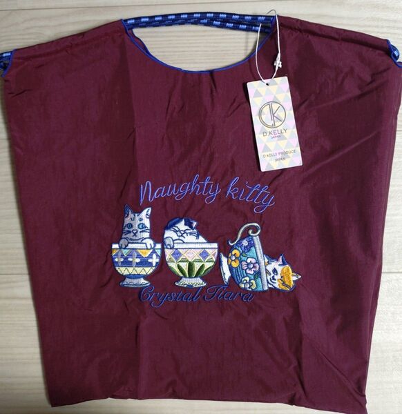 ナイロン刺繍エコバッグ トートバッグ 猫の刺繍入り D.KELLY A4サイズが余裕で入るサイズ エンジ色