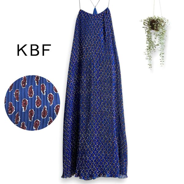 KBF フラワープリーツ キャミソールワンピース 総柄 ロング ブルー