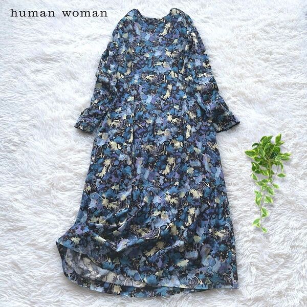 ヒューマンウーマン Human Woman リバティプリントワンピース 花柄 ロング ブルー M
