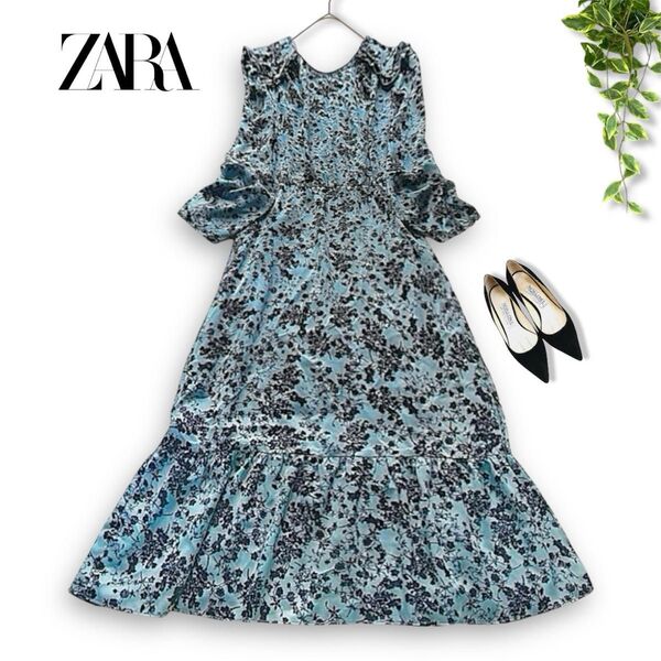 未使用★ザラ ZARA 2way カシュクール フローラルワンピース 花柄 ブルー M