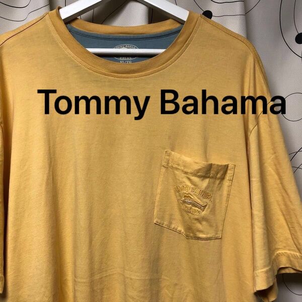 US古着【Tommy Bahama/トミーバハマ】ロゴ刺繍 ポケットTシャツ 半袖 メンズ イエロー
