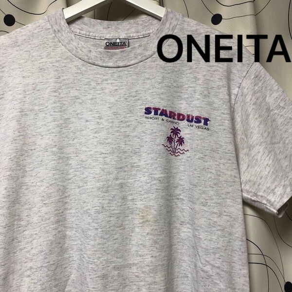 ★US古着★80年代 ONEITA オニータ POWER/50 プリントTシャツ 半袖 Lサイズ グレー USA製