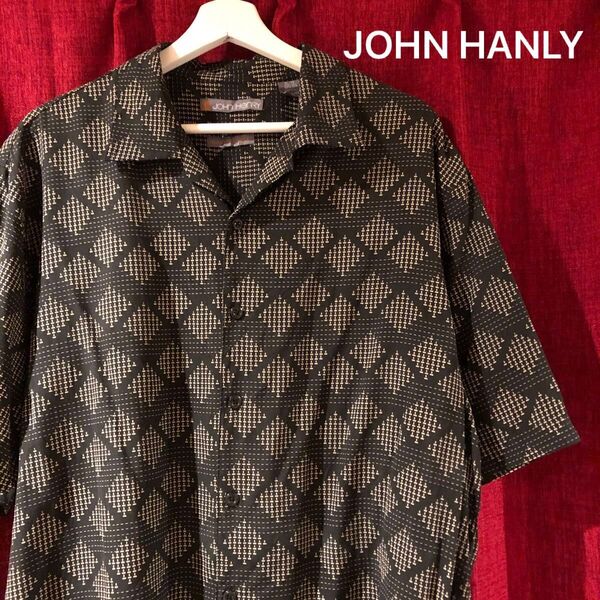 US古着【JOHN HANLY/ジョンヘンリー】オープンカラー シルクシャツ 半袖 メンズ XLサイズ ブラック系 柄シャツ