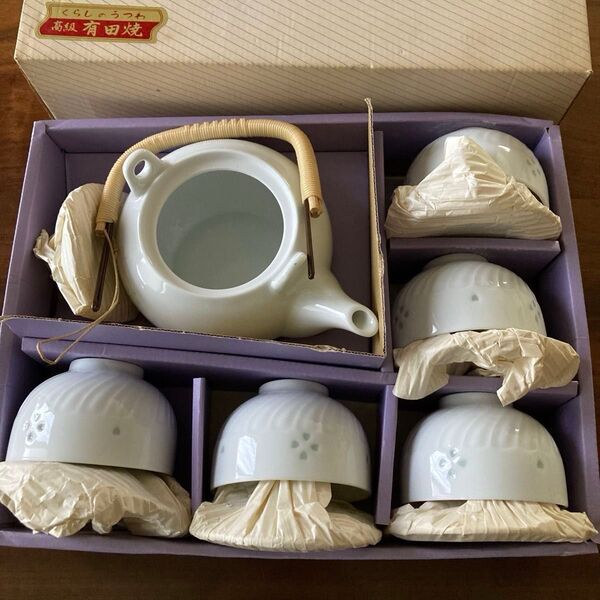 未使用品 有田焼 急須と湯呑み×5蓋付きセット ホタル撫子 番茶器揃 レトロ くらしのうつわ