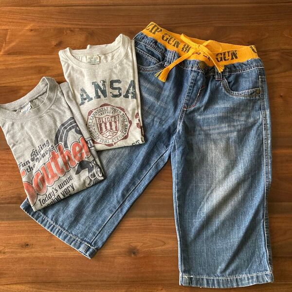 男の子 160cm 半袖Tシャツ2枚、デニムハーフパンツ 子供服 キッズ ショートパンツ