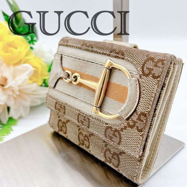 GUCCI グッチ GG柄 ホースビット キャンバスxレザー 二つ折り財布 コンパクト ユニセックス