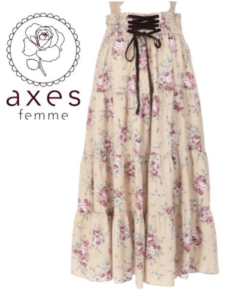 axes femme ブーケ柄スカート 新品未使用タグ付き ウエストゴム アクシーズファム フリーサイズ 花柄 編み上げリボン