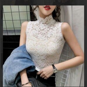 ノースリーブ トップス タンクトップ キャミソール 可愛い ノースリーブニット 総レース ハイネック フォーマル 結婚式 上品