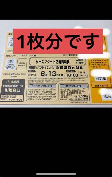 ホークスVS横浜DeNA 指定席引換券 6月13日 6/13 1枚 みずほPayPayドーム