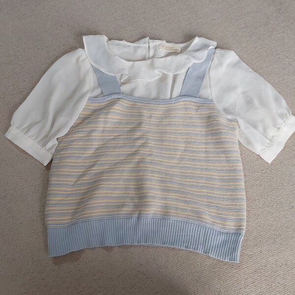 w closet レイヤード 半袖トップス ブルー イエロー ボーダー フリル トップス