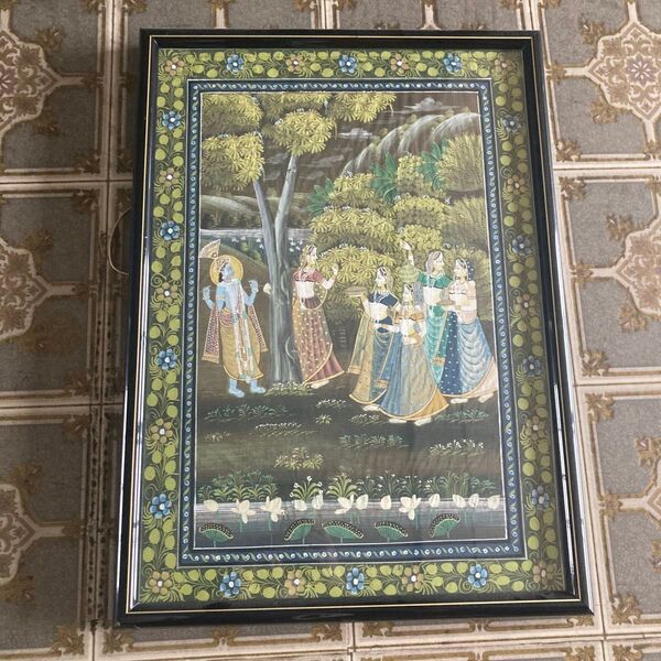 インド伝統絵画 神話的シーン アート 絵 美術 コレクション 細密画 クリシュナ 額装