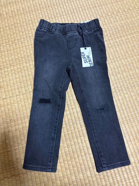 新品未使用 キッズ デニムパンツ ダメージ加工 ブラック ダークグレー 3歳 100 高ストレッチ ウエストゴム