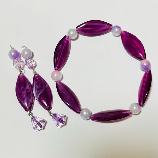 ハンドメイド ビーズアクセサリーセット ブレスレット イヤリング パープル