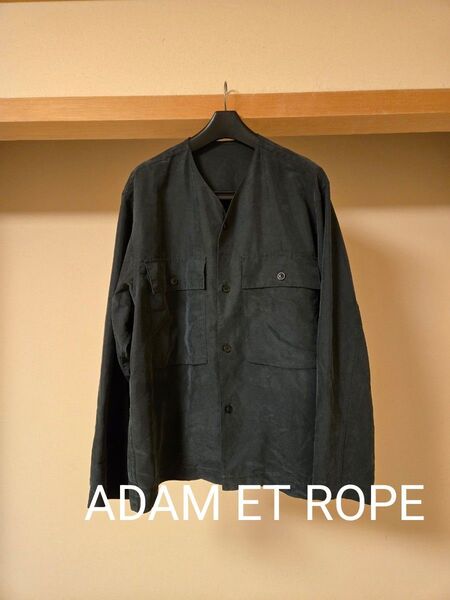 ADAM ET ROPE シャツジャケット 長袖シャツ ノーカラー ネイビー モスグリーン トップス 襟なし カーディガン