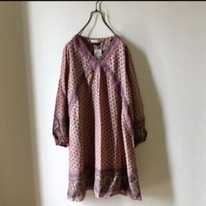未使用☆chocol raffine robe ゆったりワンピース エスニック ヴィンテージ調 インド綿 パネルプリント