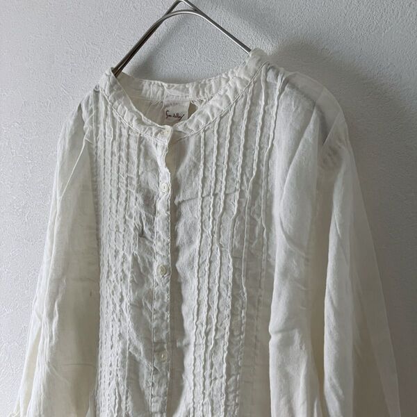 新品☆SUNVALLEY ピンタックコットンワンピース 製品染め ナチュラル 七分袖 シャツワンピース 前開き 羽織り ワンピース