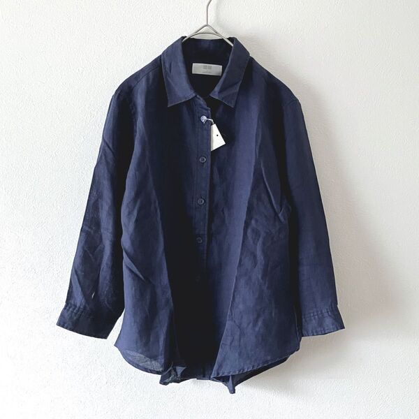 新品未使用☆ユニクロ UNIQLO プレミアムリネンシャツ ネイビー Sサイズ 七分袖シャツ リネン100 リネンブラウス 羽織り