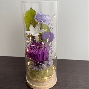 プリザーブドフラワー ガラス ライト付 仏花 パープル系 お供 お盆