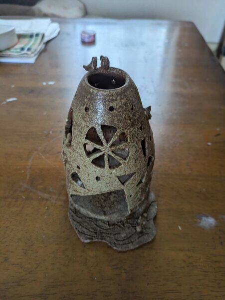 陶器の置物 鳥と花柄 キャンドルスタンド